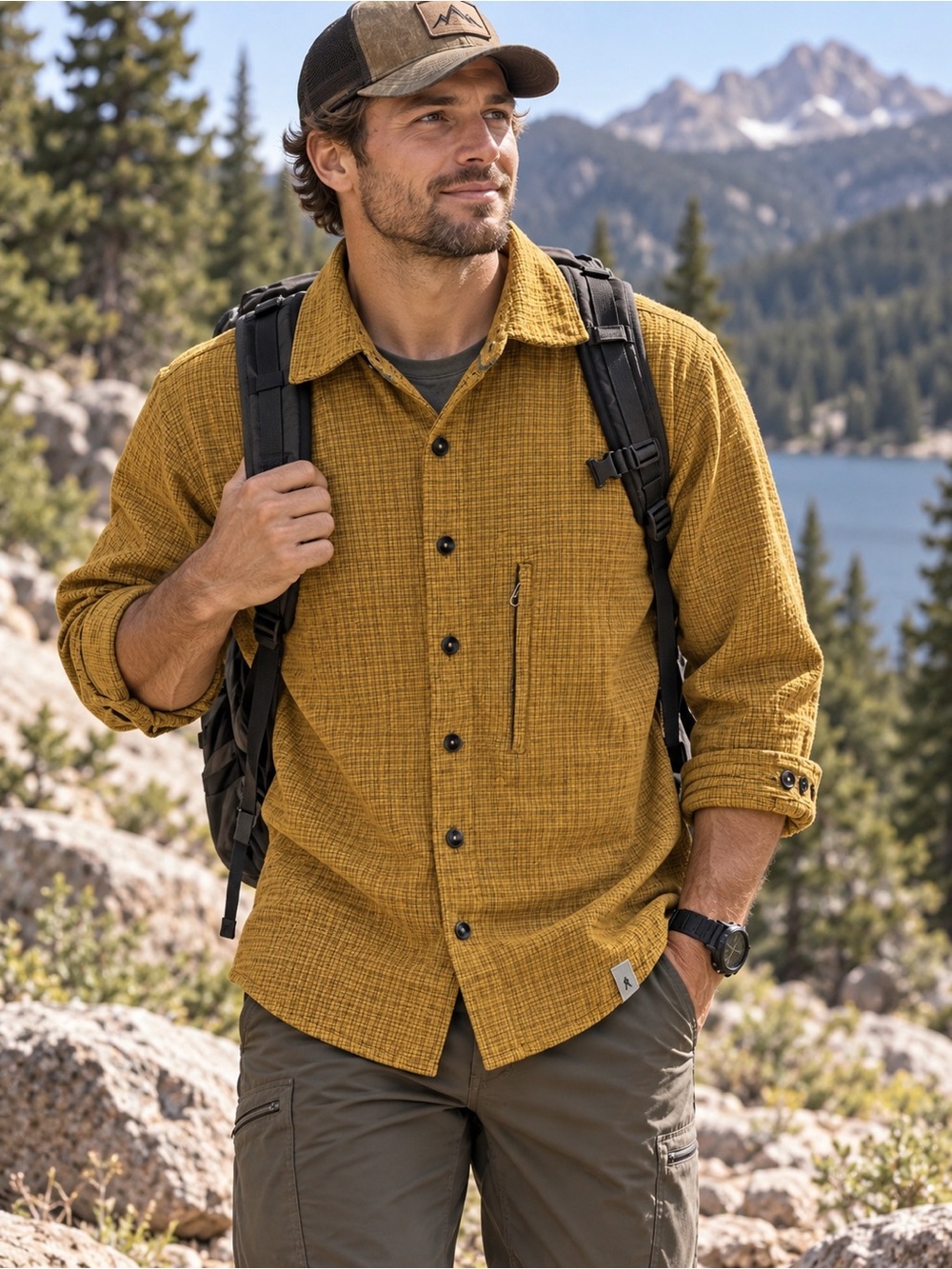 Royal Robbins Men's Large Yellow Checked Long Sleeve Utility Hiking Shirt